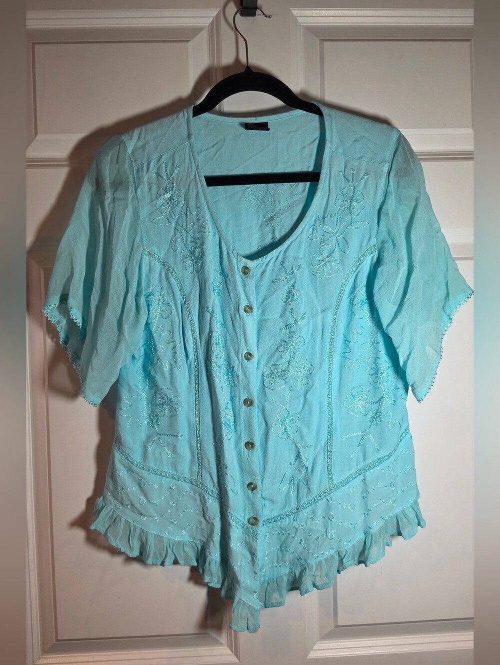 My Choice Light Blue Embroidered Button-Front Women’s Top Rayon L